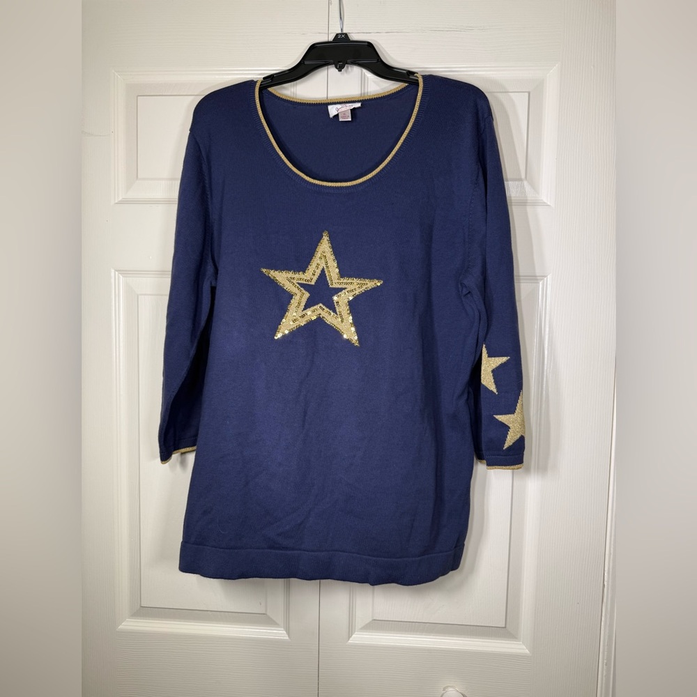Quacker Factory Women’s Navy Gold Star Print Sweater Top‎ Size XL